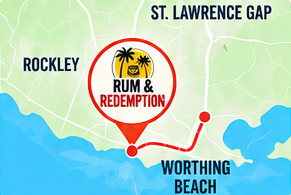 Map showing Rum & Redemption on Worthing Main Road, between Rockaway and St. Lawrence Gap, near Worthing Beach.