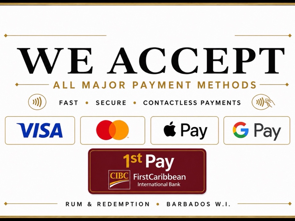 Accepted payment methods: Visa, Mastercard, Apple Pay, Google Pay, and FirstCaribbean 1stPay.